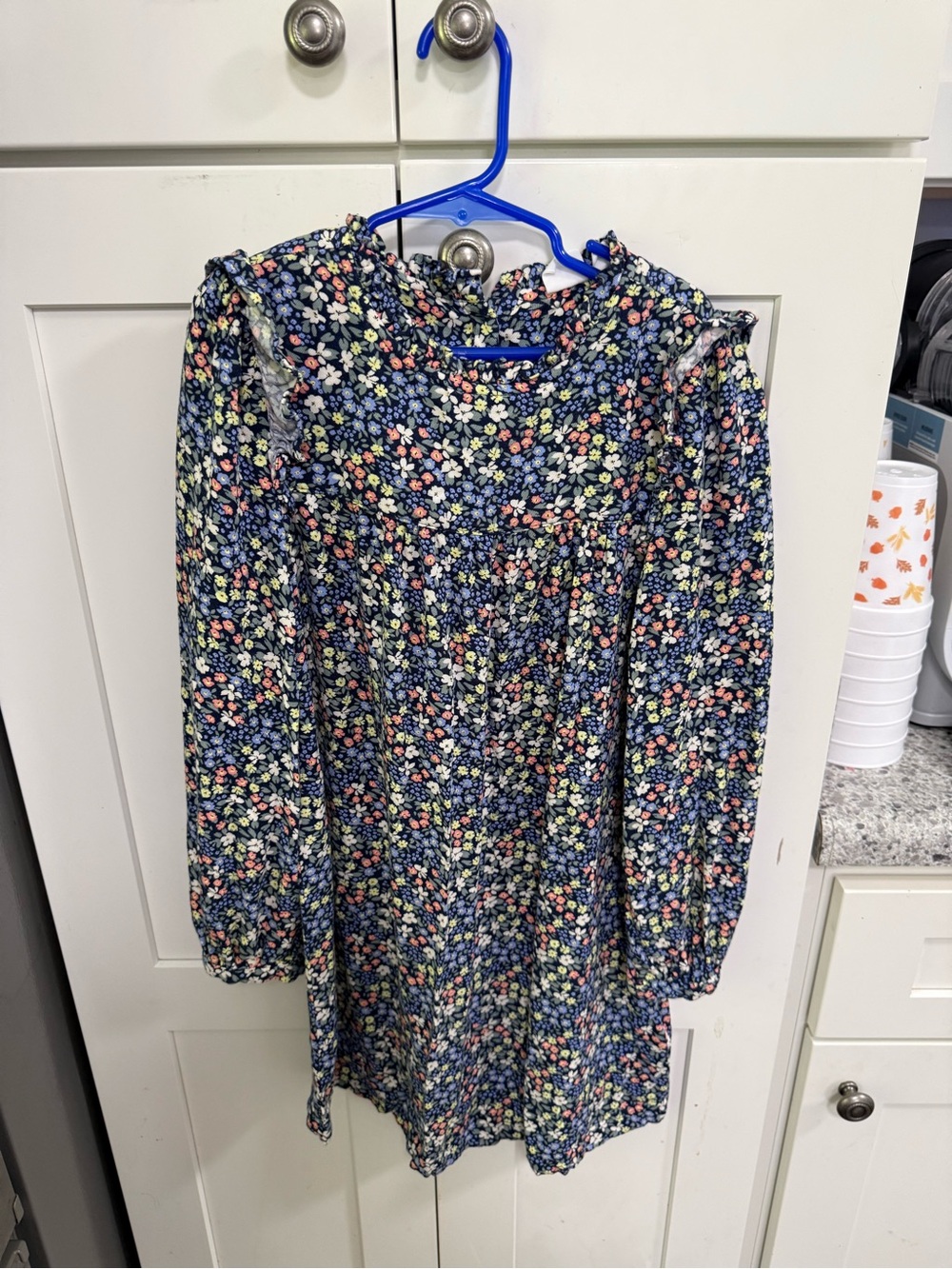 GAP Navy Floral Ruffle-Trim Long-Sleeve Dress